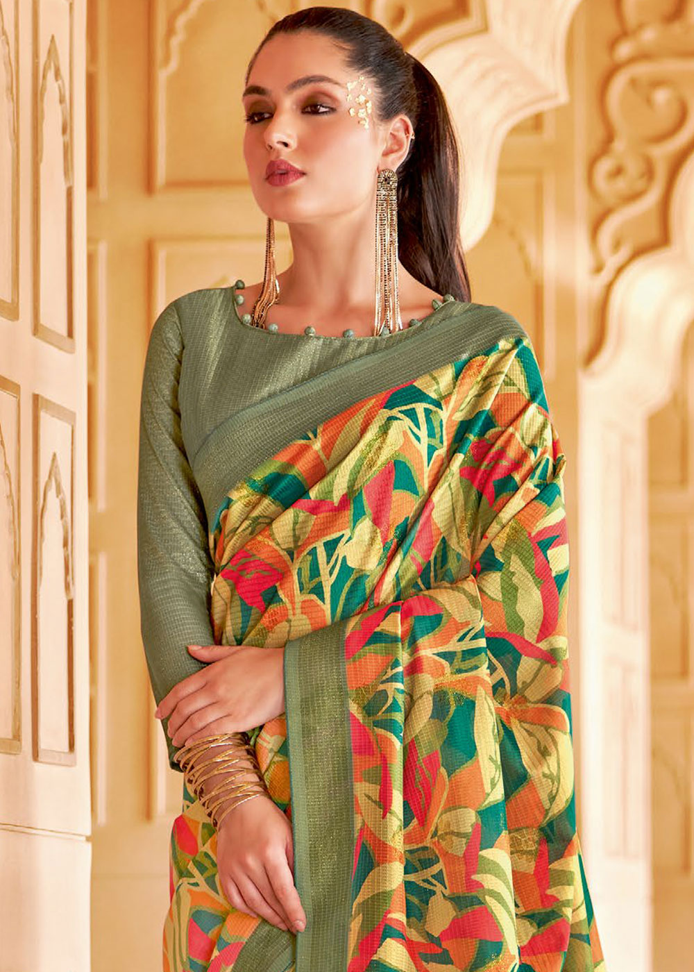 Buy MySilkLove Asparagus Green and Yellow Floral Printed Cotton Silk Saree Online