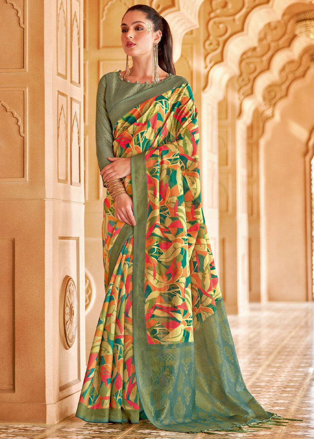 Buy MySilkLove Asparagus Green and Yellow Floral Printed Cotton Silk Saree Online
