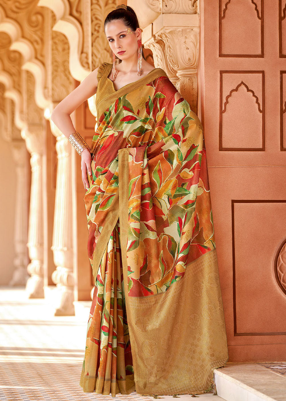 Buy MySilkLove Copper Canyon Brown Floral Printed Cotton Silk Saree Online