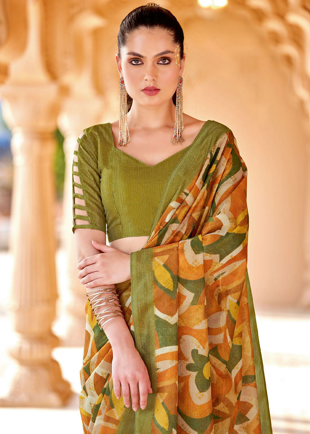 MySilkLove Brandy Punch Orange and Green Floral Printed Cotton Silk Saree