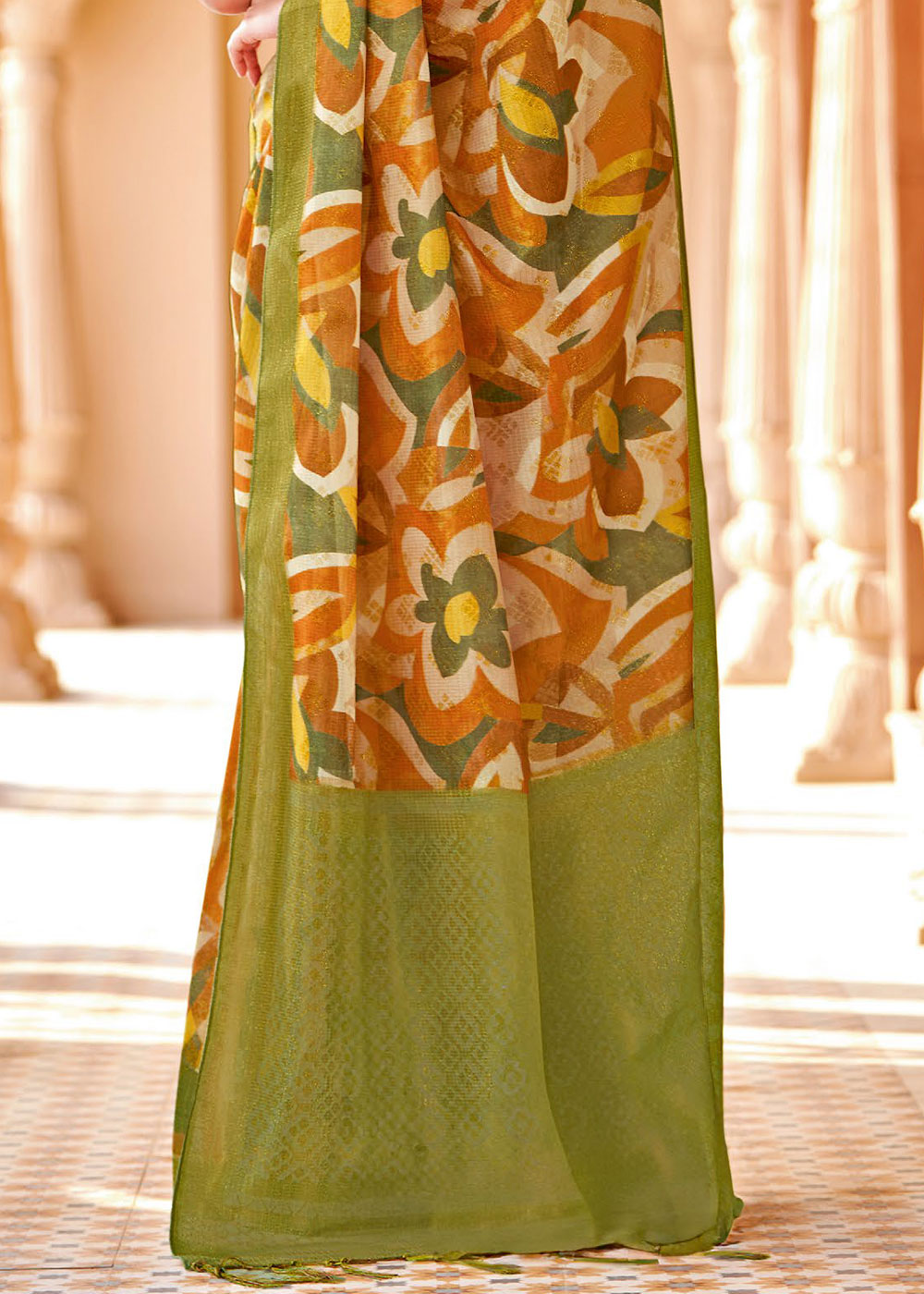 Buy MySilkLove Brandy Punch Orange and Green Floral Printed Cotton Silk Saree Online