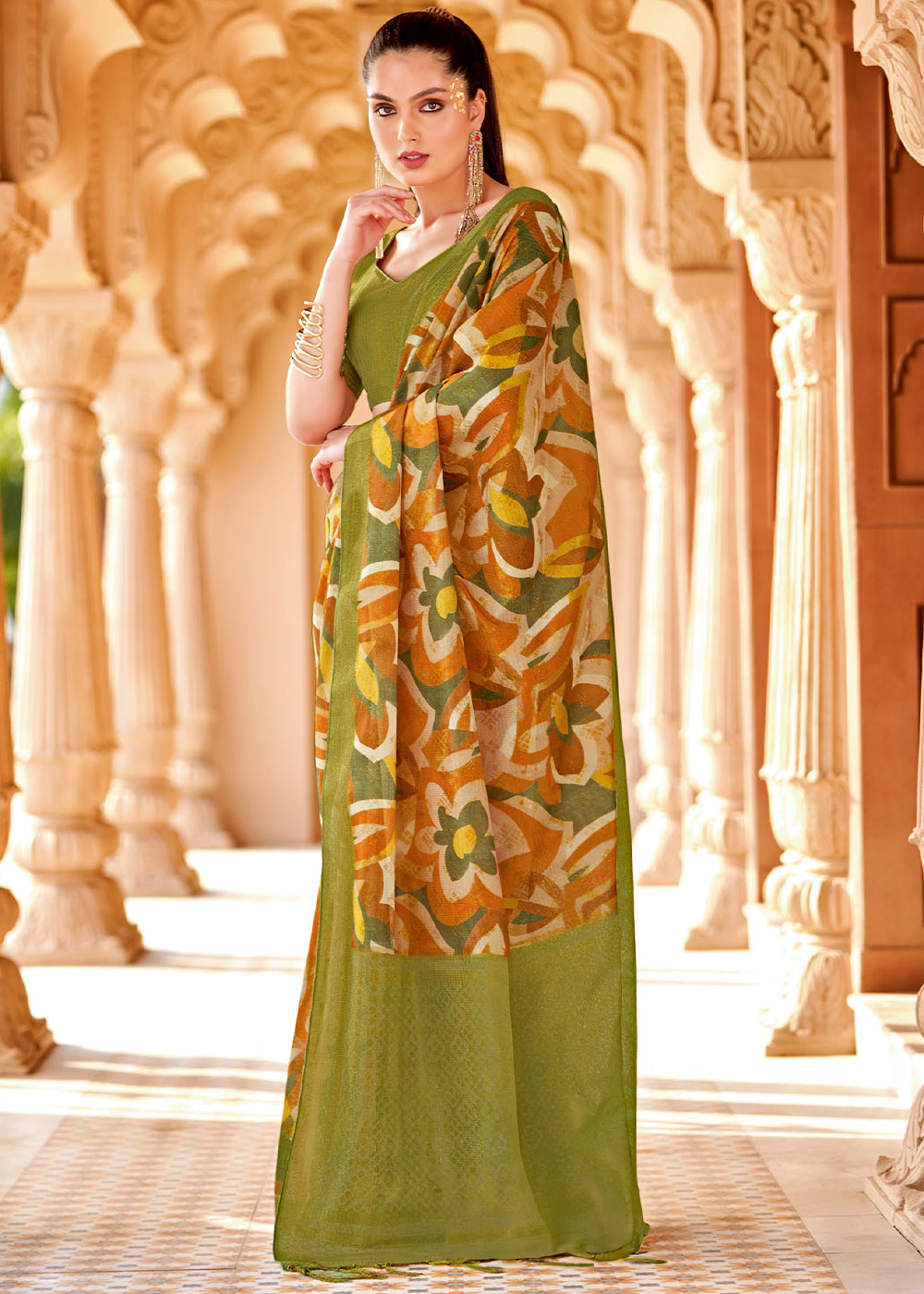 Buy MySilkLove Brandy Punch Orange and Green Floral Printed Cotton Silk Saree Online