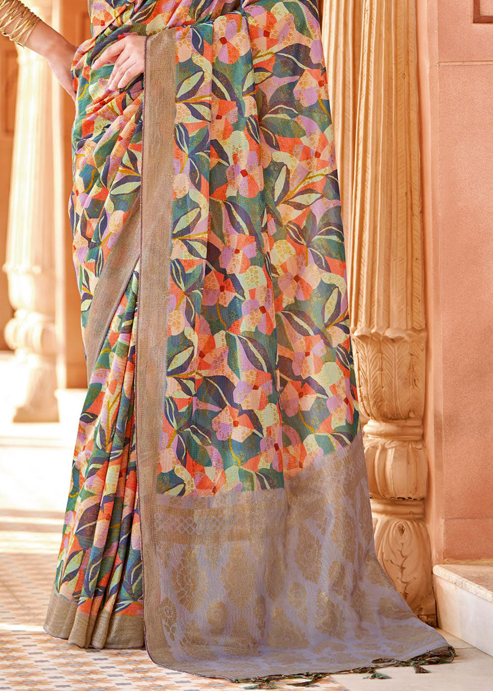 Buy MySilkLove Flint Grey and Brown Floral Printed Cotton Silk Saree Online