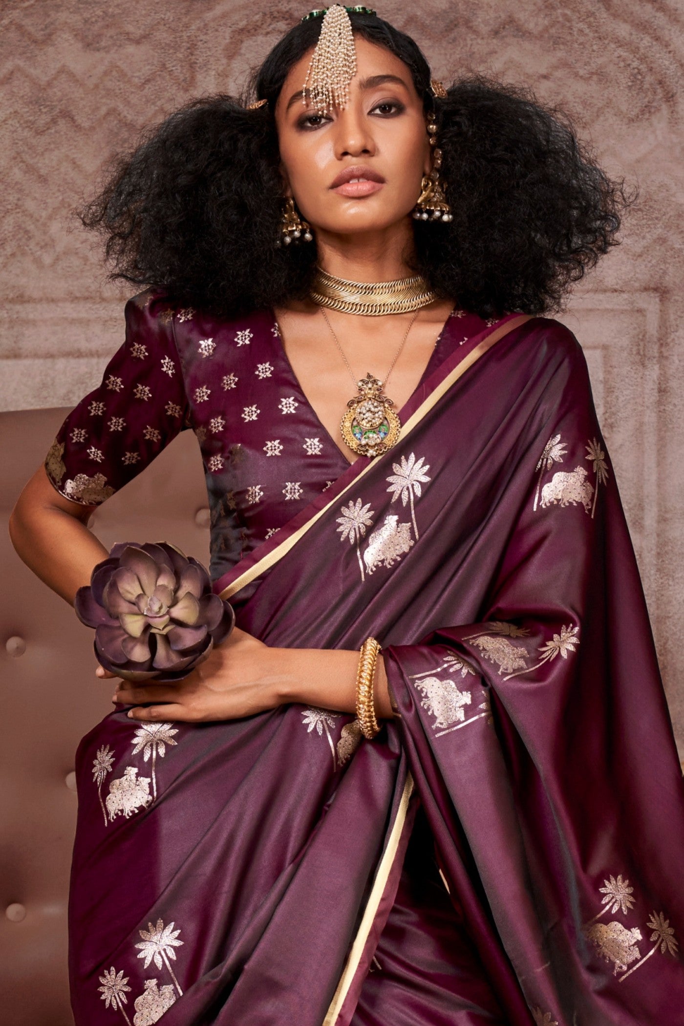 Buy MySilkLove Dark Coco Brown Banarasi Pichwai Satin Saree Online