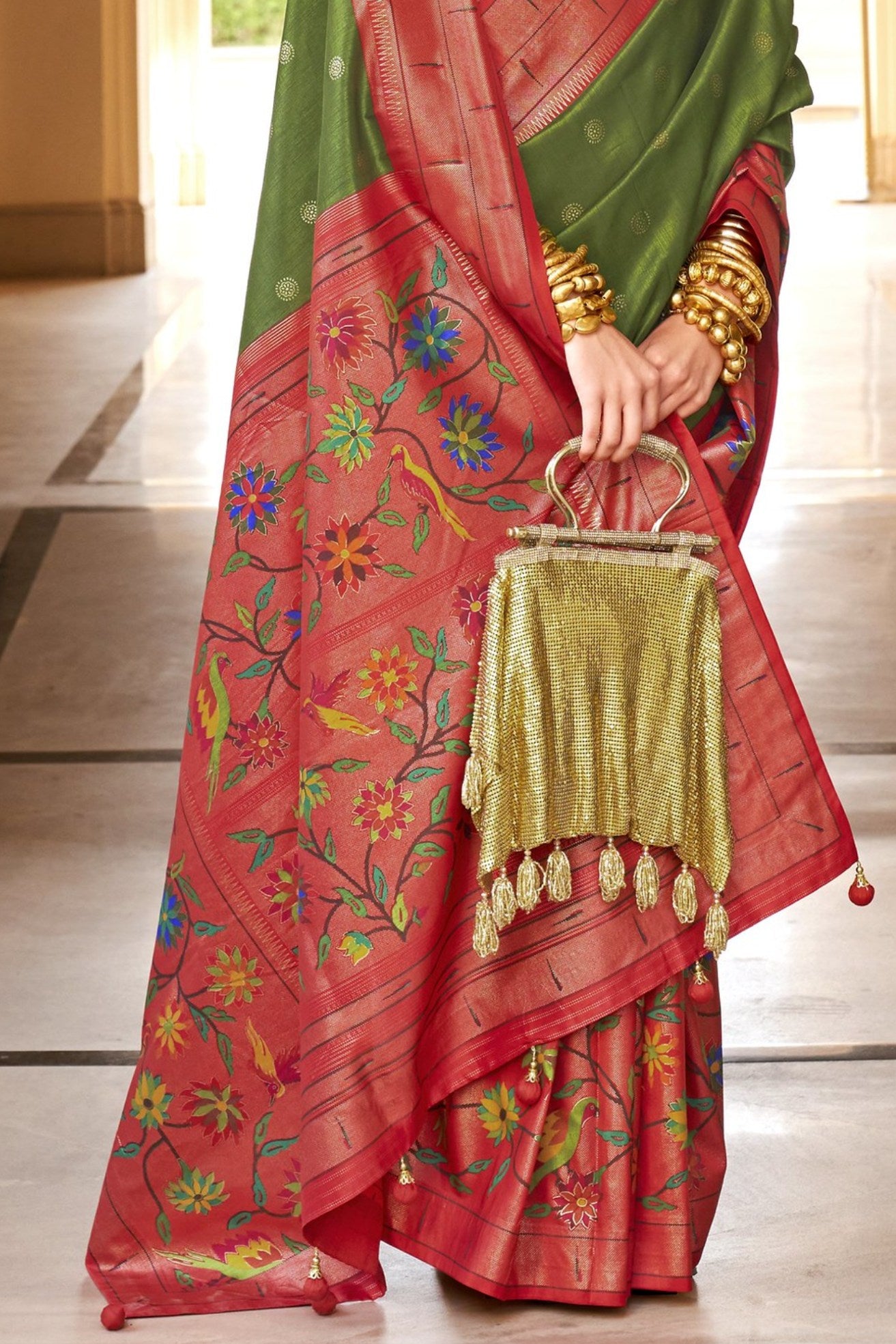 Buy MySilkLove Leaf Green and Red Woven Paithani Designer Saree Online