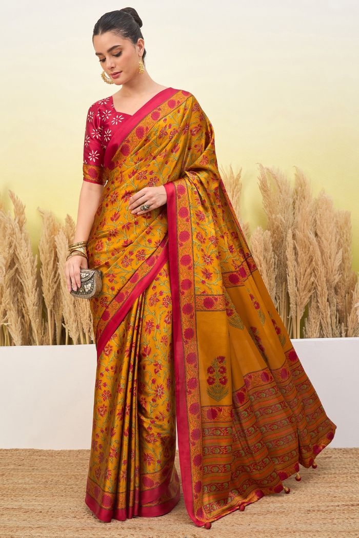 Buy MySilkLove Imperial Yellow Modal Satin Printed Silk Saree Online