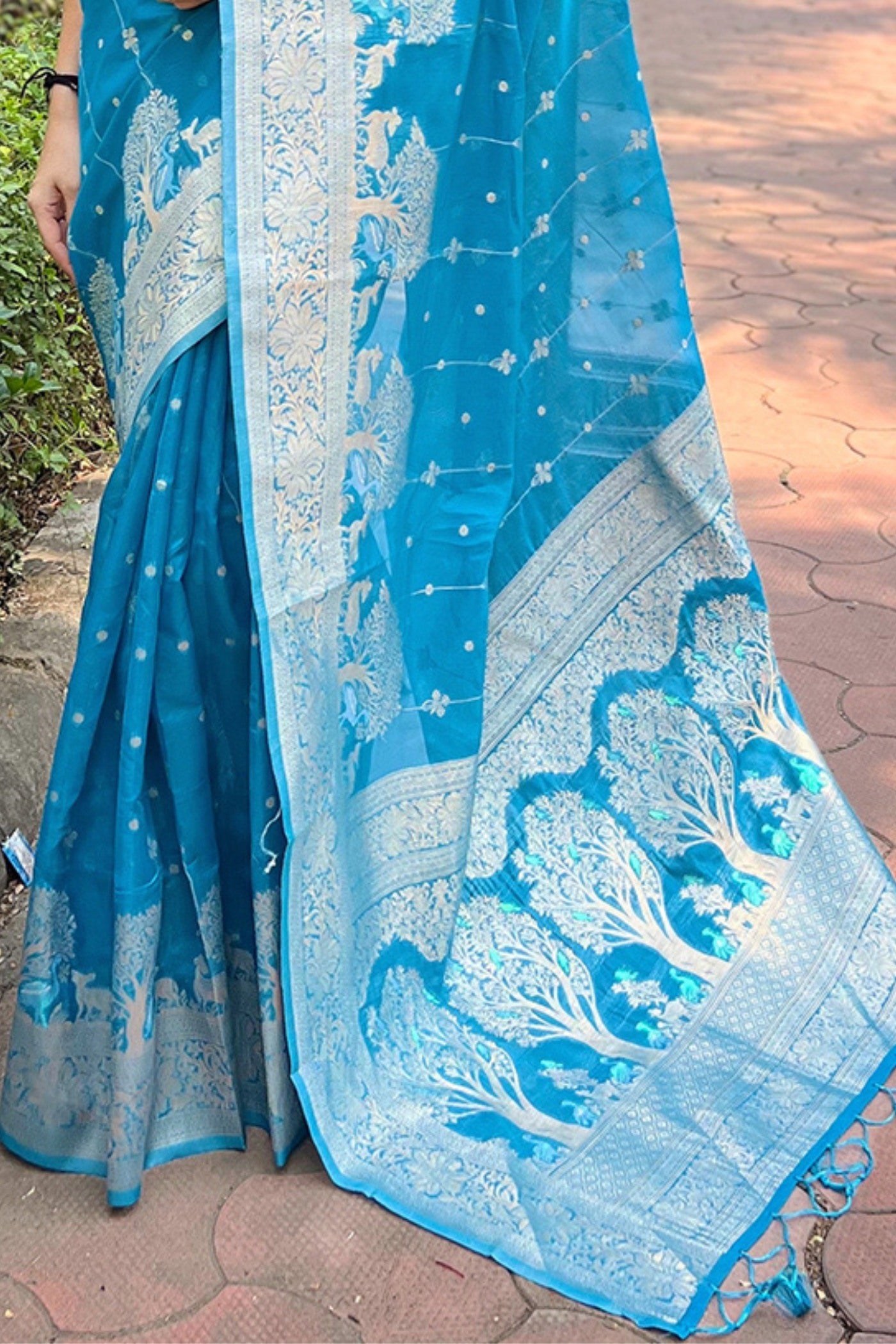 Buy MySilkLove Winter Sky Blue Woven Organza Saree Online