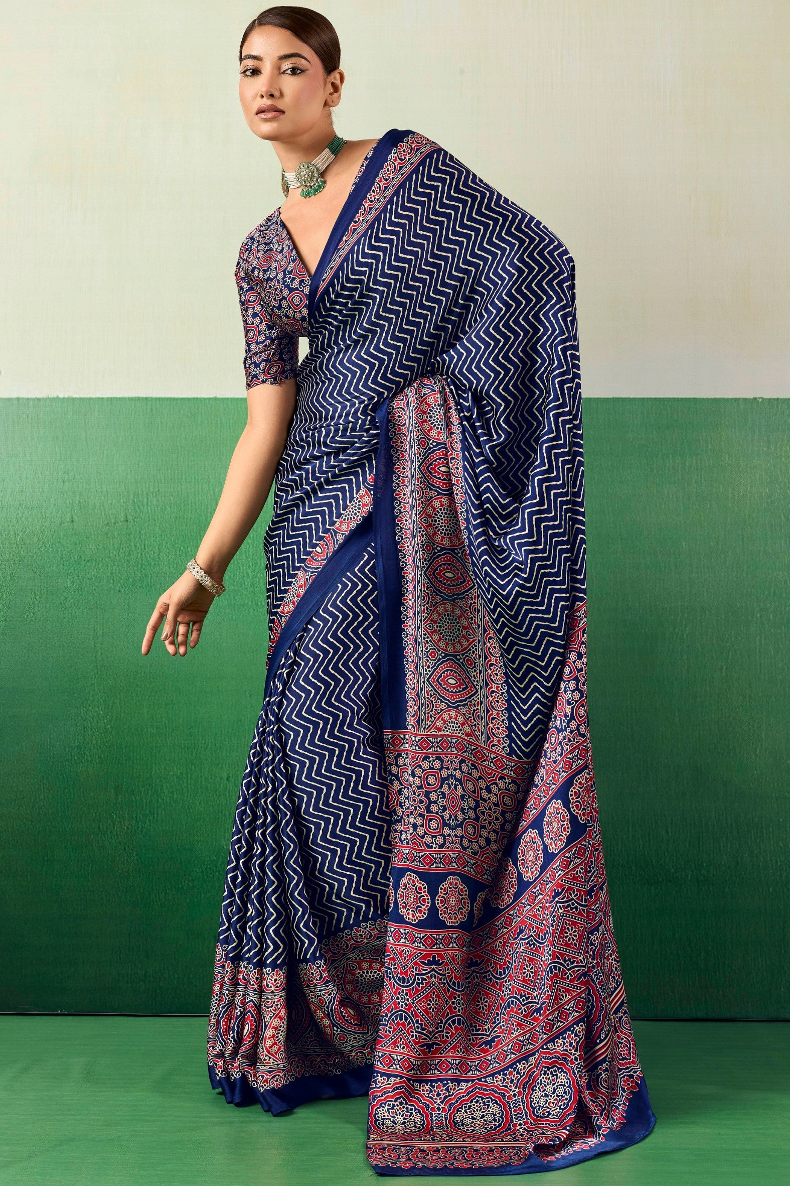 Buy MySilkLove Electric Blue Modal Ajrakh Satin Printed Silk Saree Online