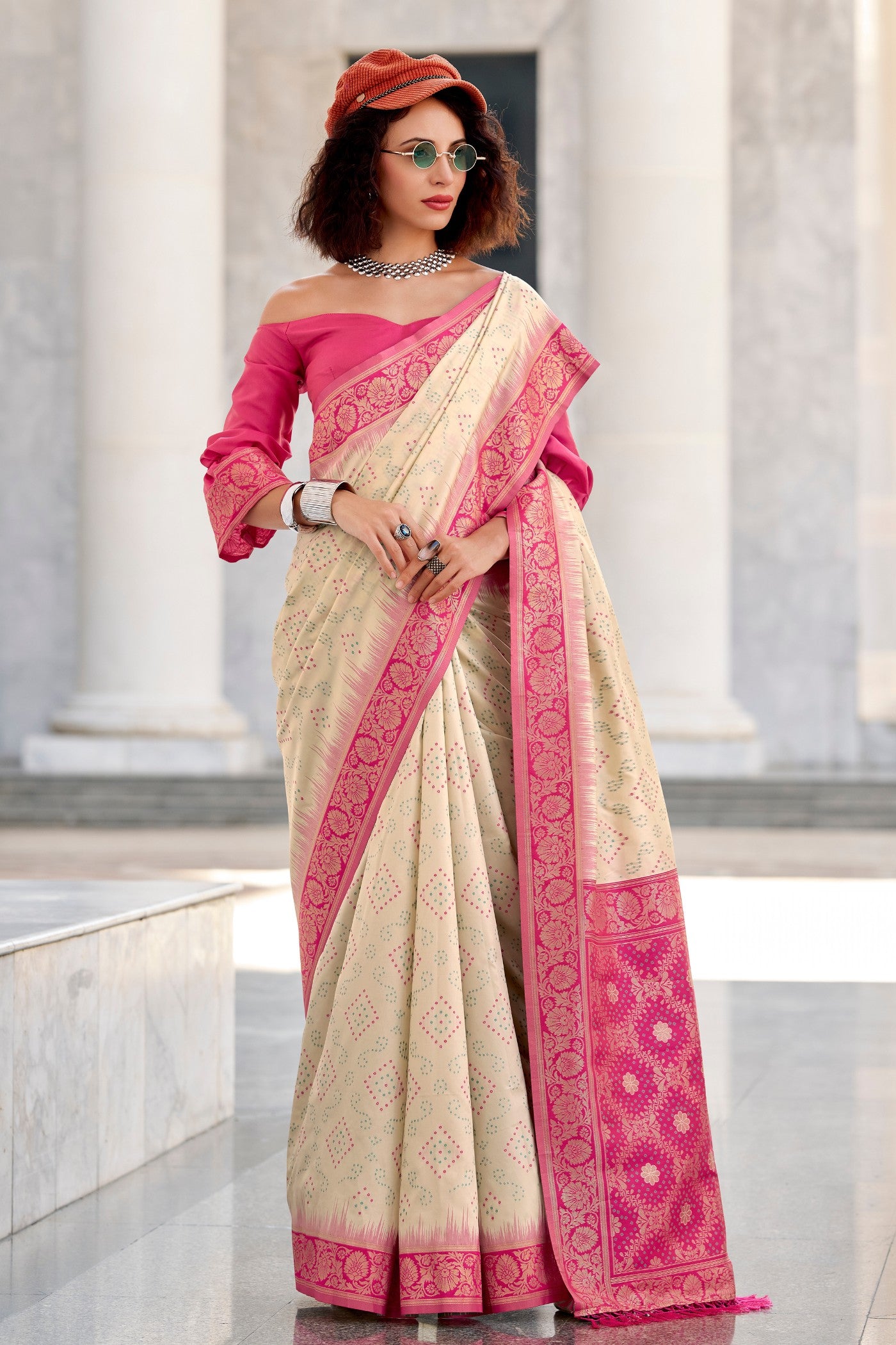 Buy MySilkLove Grain Cream Woven Banarasi Bandhani Soft Silk Saree Online