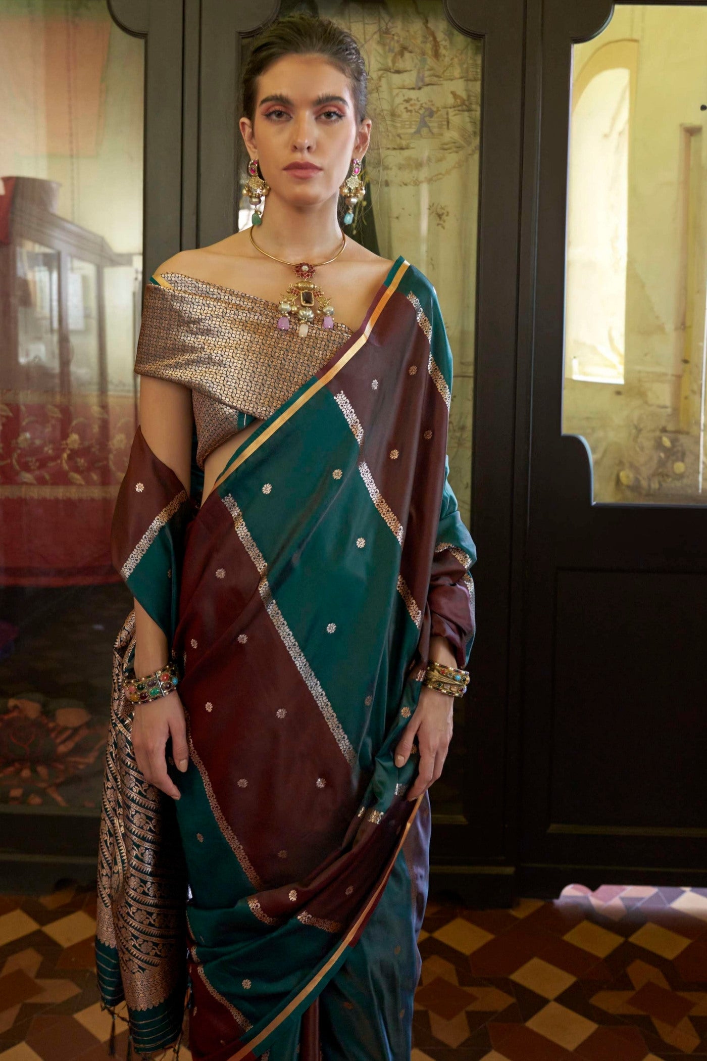 MySilkLove Moss Green and Purple Handloom Rangkat Banarasi Satin Silk Saree