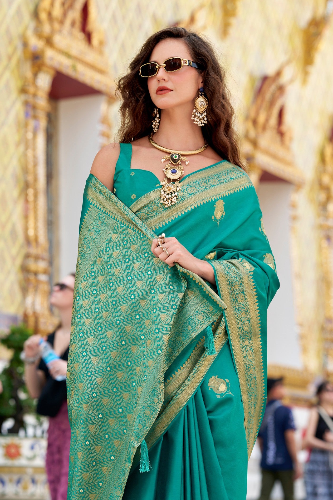 Buy MySilkLove Elf Green Woven Satin Silk Saree Online