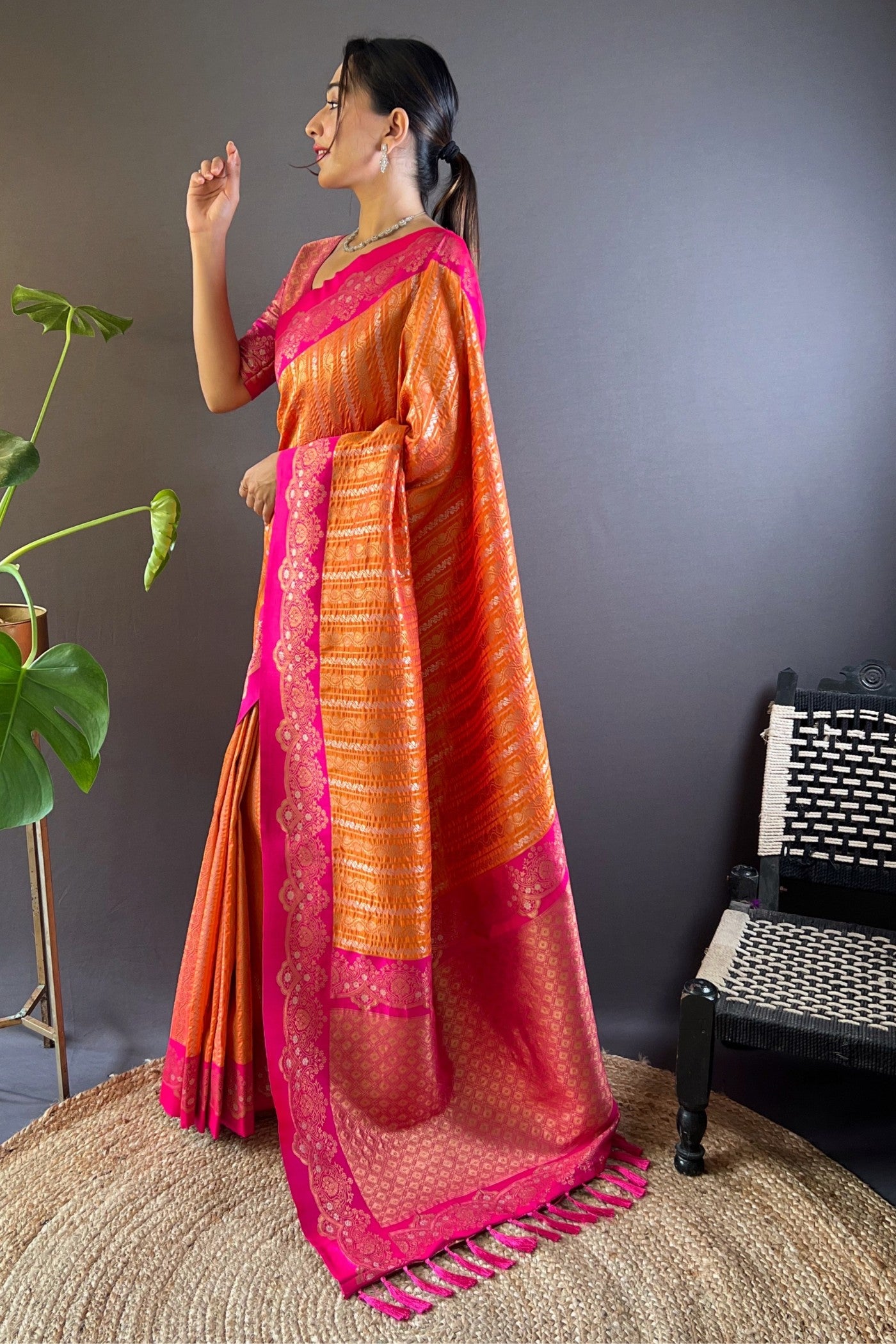 Buy MySilkLove Salmon Orange Zari Woven Banarasi Saree Online