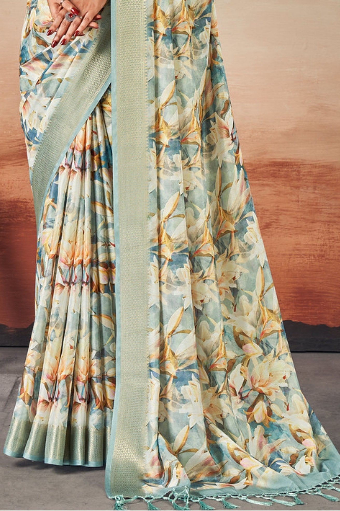 Buy MySilkLove Blue Shades and White Banarasi Digital Printed Saree Online