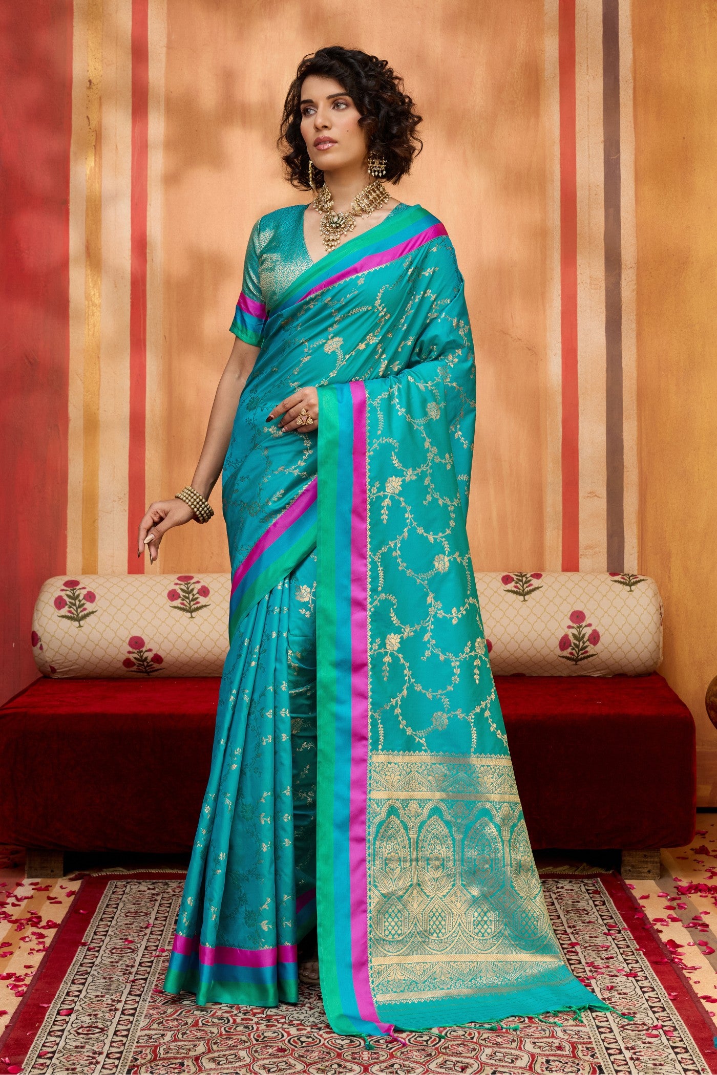 Buy MySilkLove Lagoon Blue Handloom Satin Soft Silk Saree Online