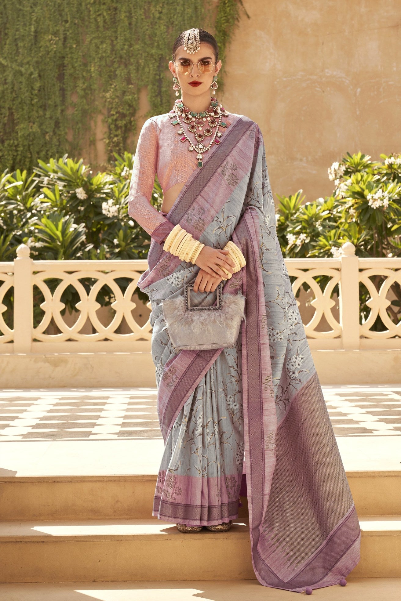 Buy MySilkLove Cloudy Grey and Pink Banarasi Handloom Saree Online