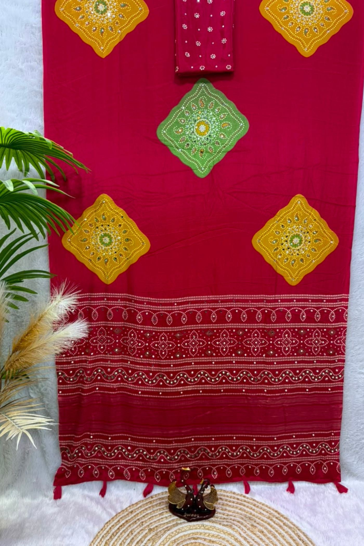 Buy MySilkLove Leaf Green Ajrakh Satin Printed Mirror Work Saree Online