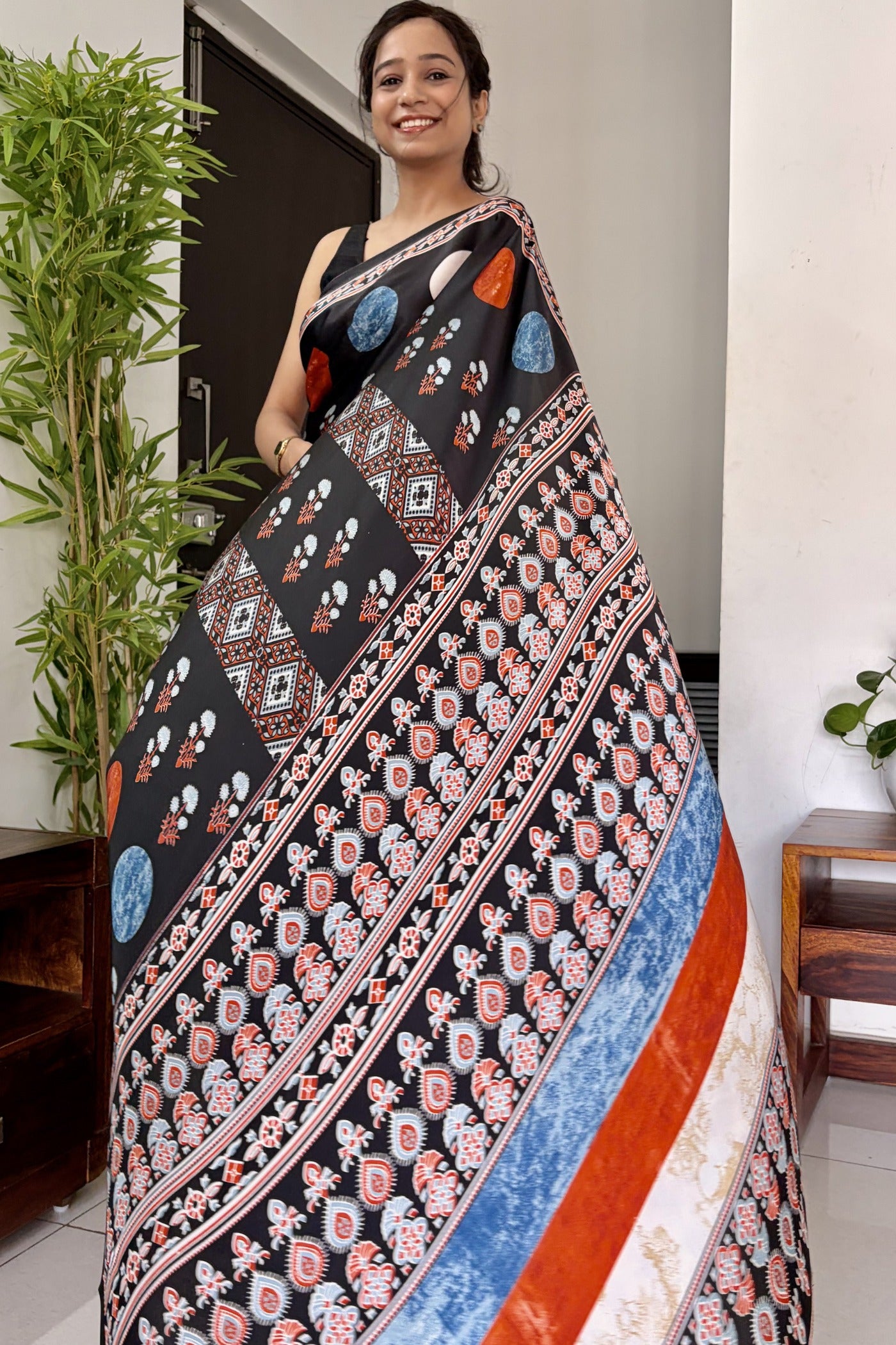 Buy MySilkLove Anthracite Black Printed Polka Dots Satin Crepe Saree Online