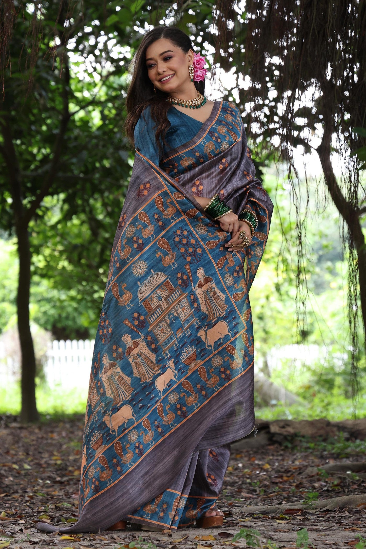 Buy MySilkLove Raisin Purple Madhubani Tussar Printed Silk Saree Online