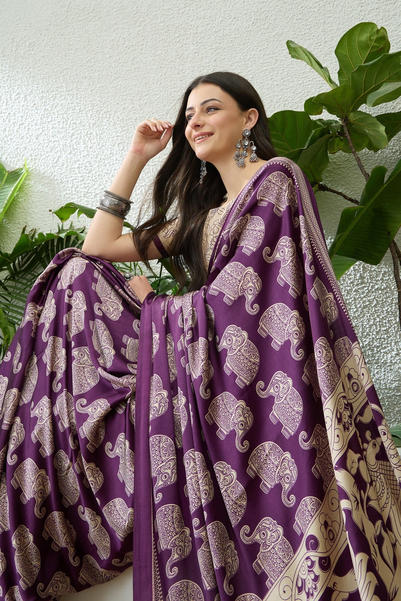 Buy MySilkLove Thistle Purple Ajrakh Printed Satin Crepe Silk Saree Online