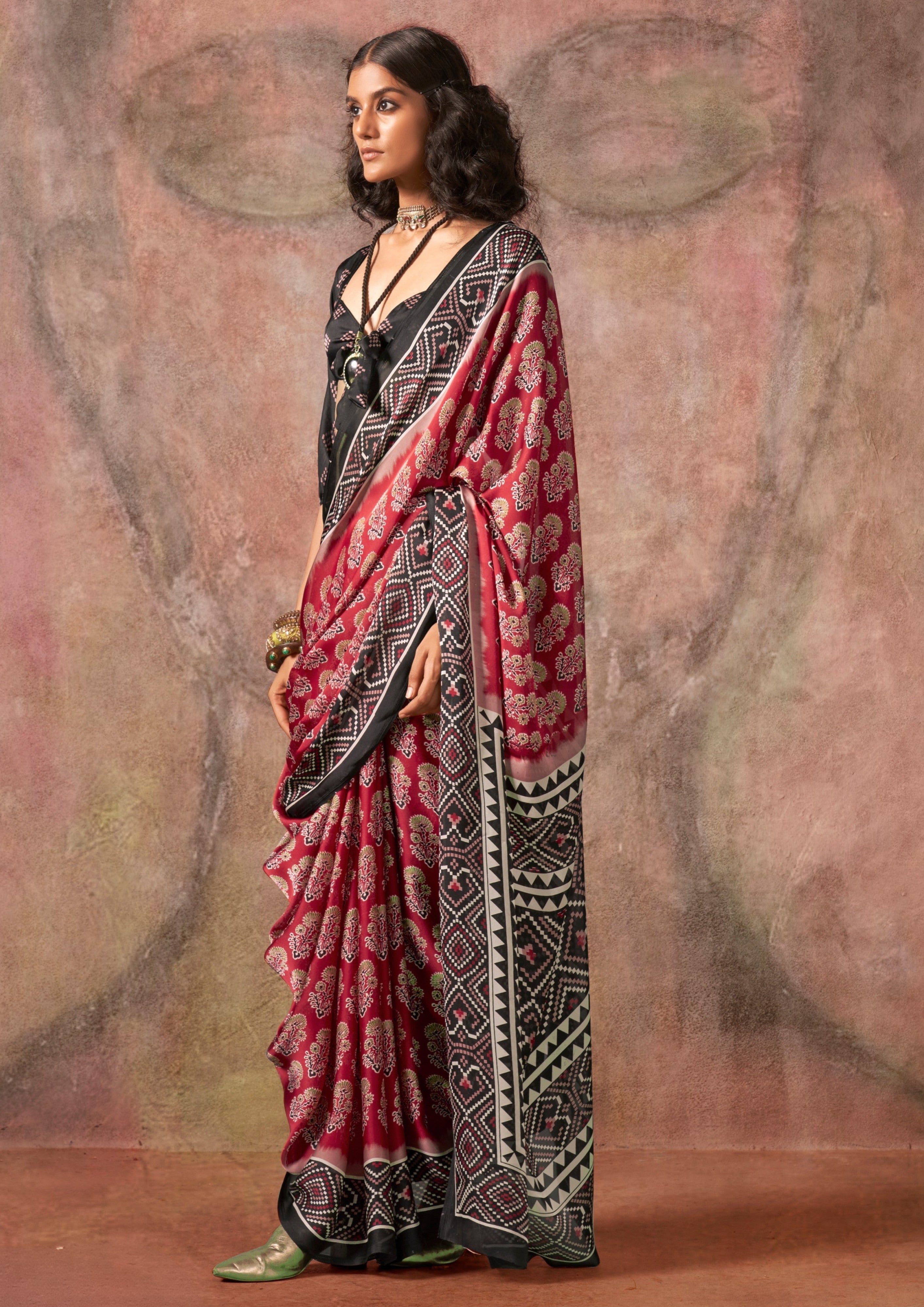 Buy MySilkLove Rich Maroon Ajrakh Printed Satin Georgette Silk Saree Online