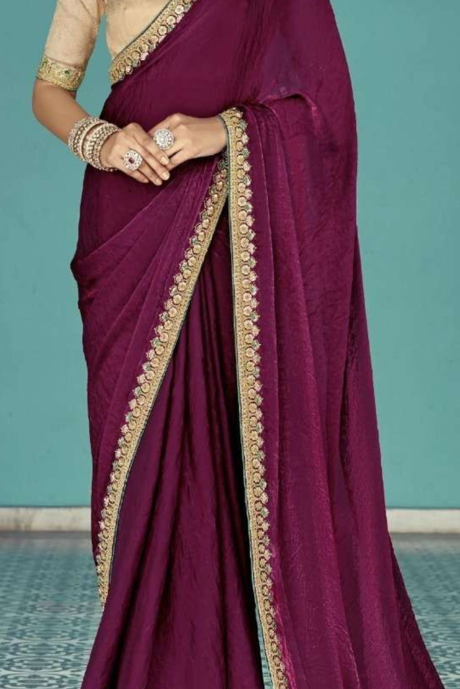 Buy MySilkLove Wine Maroon Embroidered Tissue Designer Saree Online