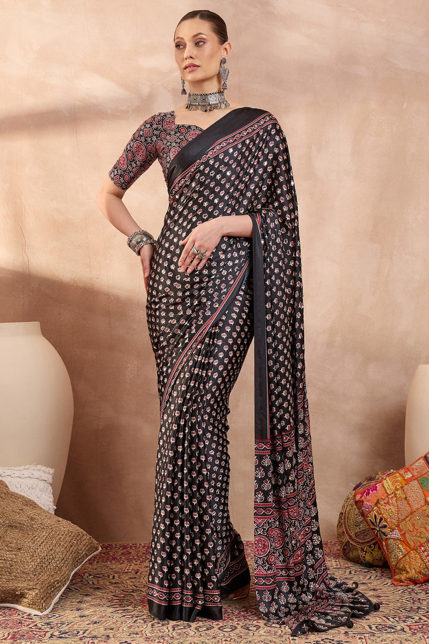 Buy MySilkLove Abbey Black Modal Ajrakh Satin Printed Silk Saree Online