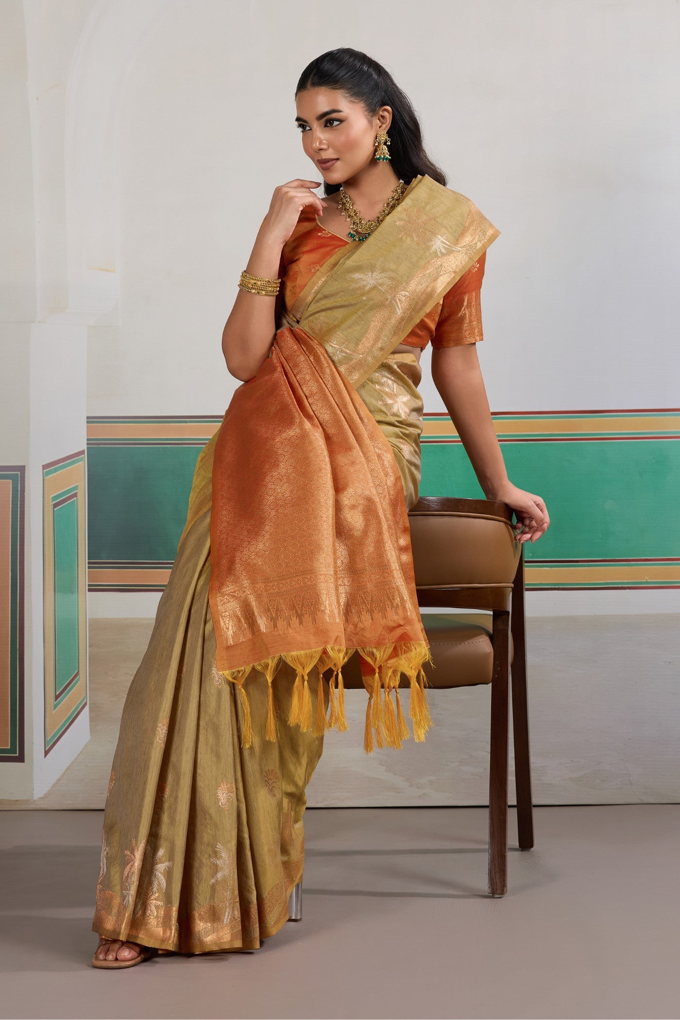 Buy MySilkLove Lawn Green Banarasi Handloom Tussar Saree Online