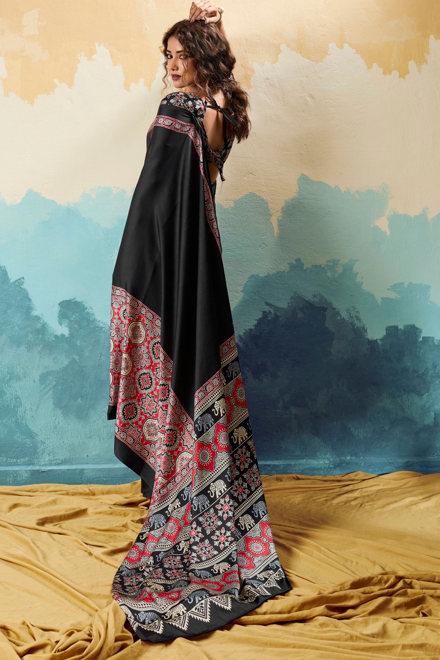 Buy MySilkLove Black Lichen Modal Ajrakh Satin Printed Silk Saree Online