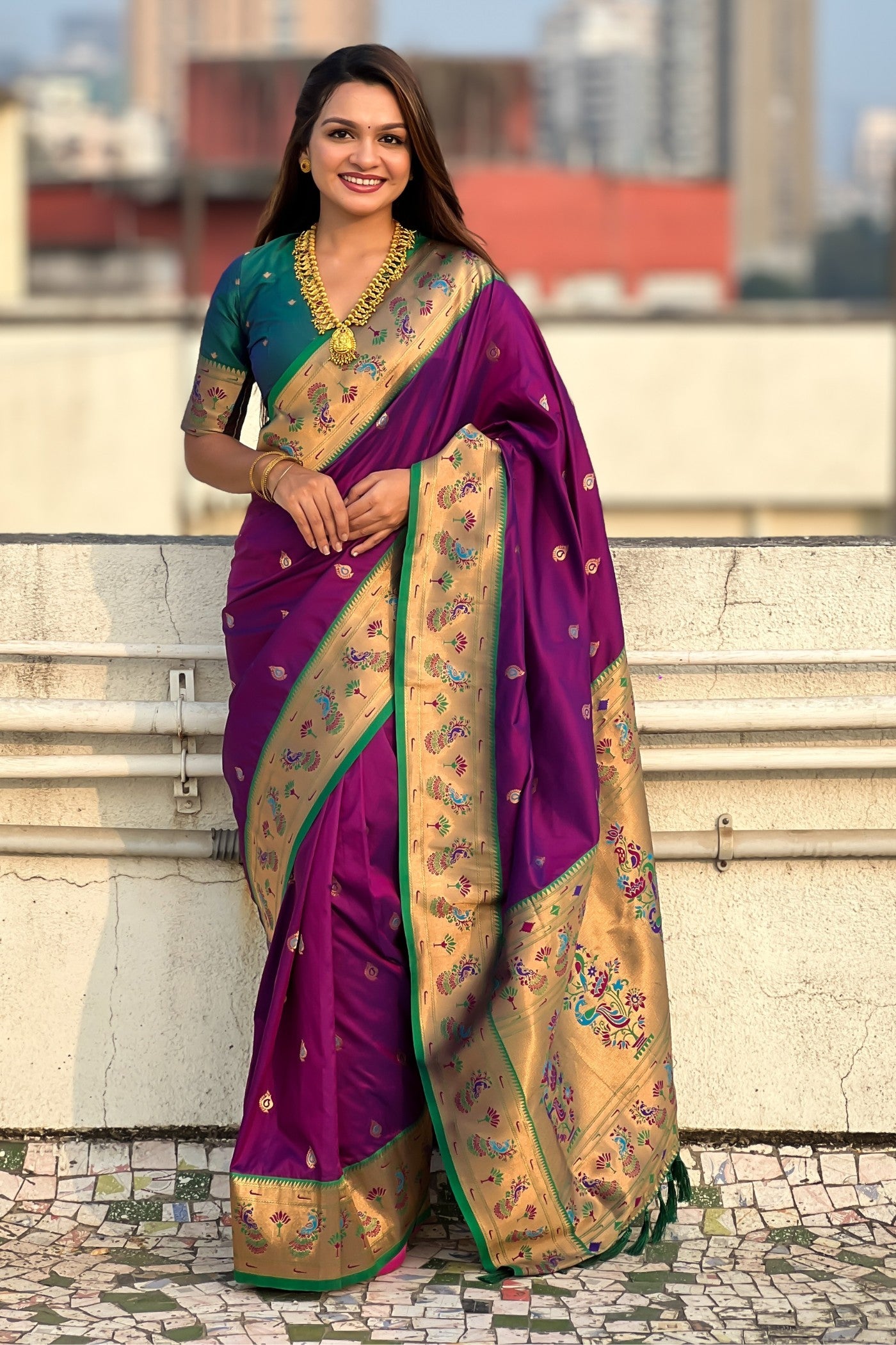 Buy MySilkLove Midnight Pearl Purple Lotus Paithani Saree Online