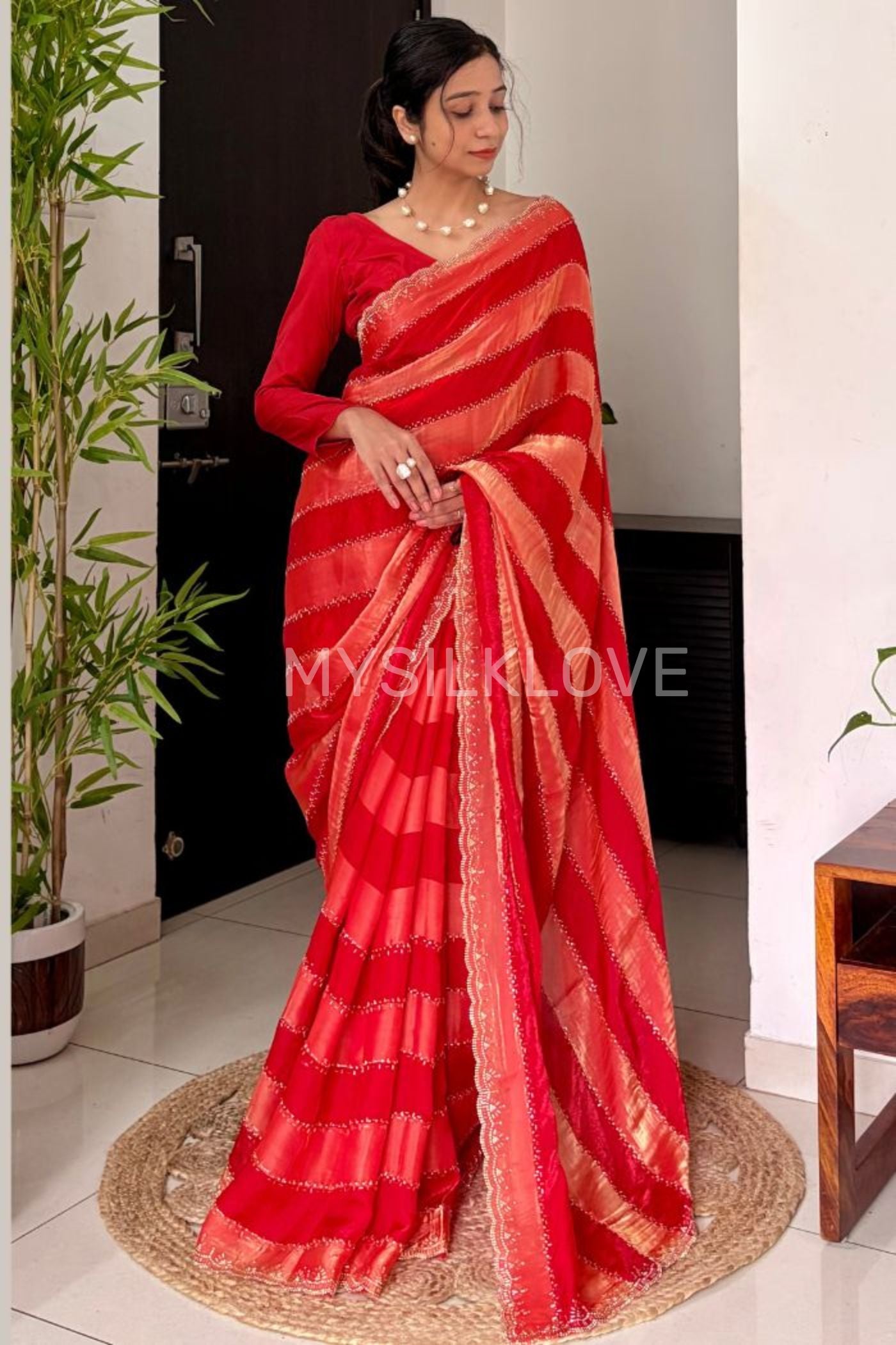 Buy MySilkLove Garnet Red Swarovski Space Silk Saree Online