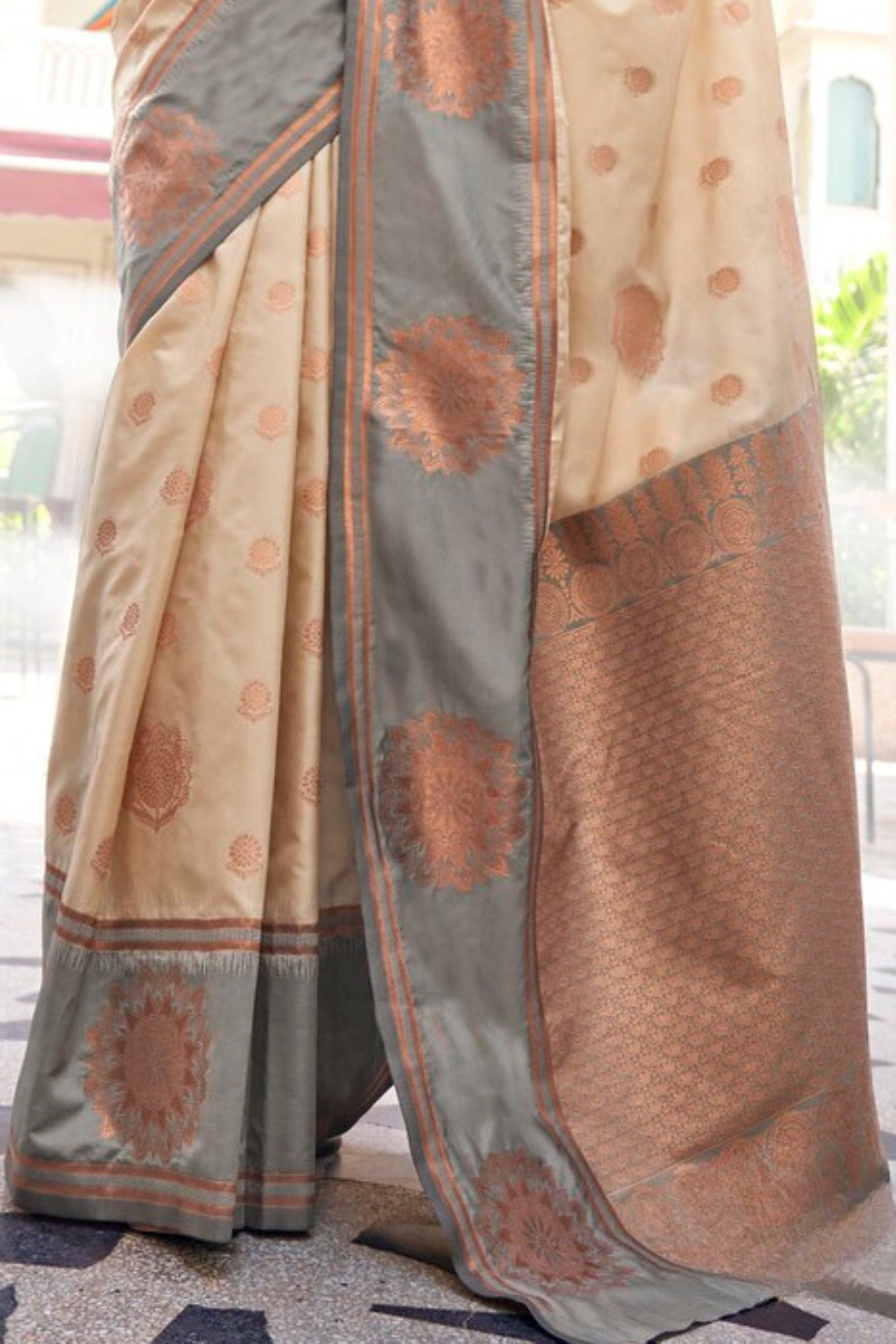 Buy MySilkLove Cashmere Cream Handloom Katan Banarasi Saree Online