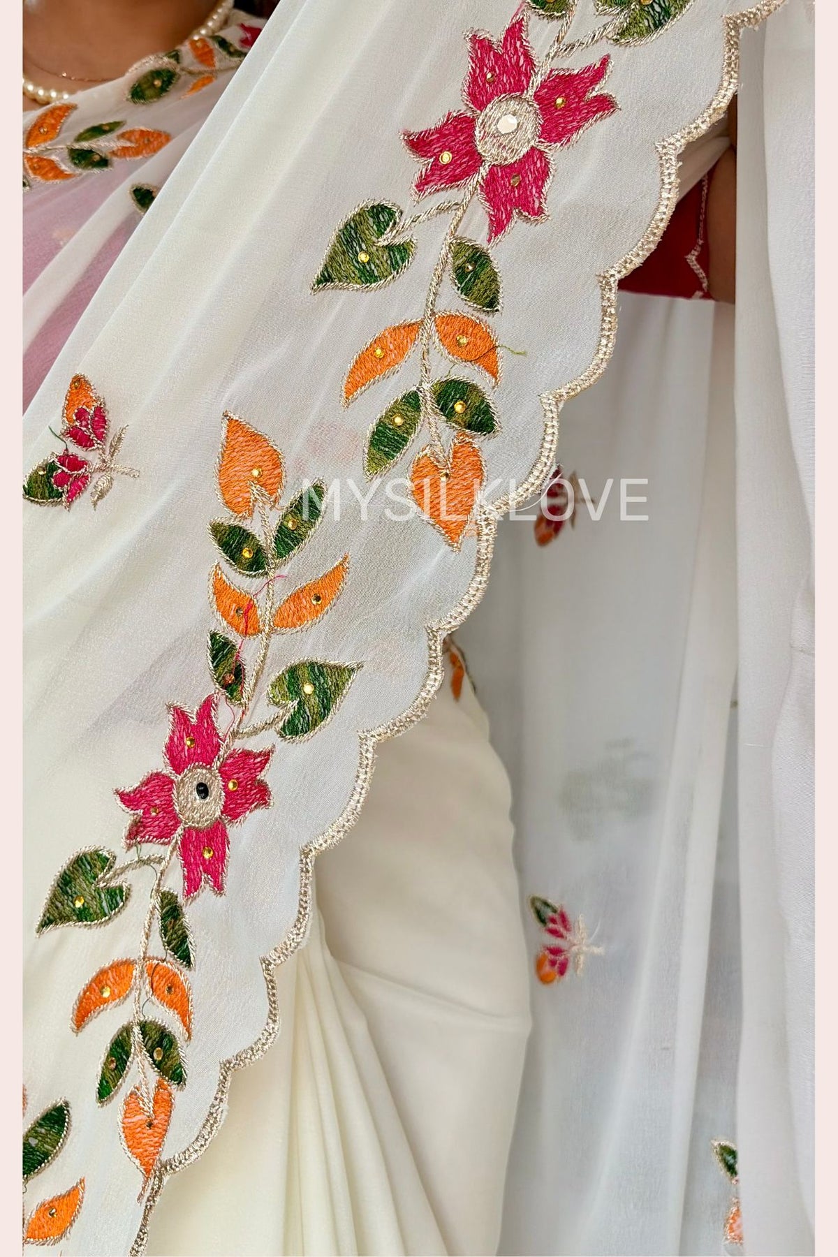 Buy MySilkLove Frost White Designer Embroidered Georgette Saree with Embroidery Blouse Piece Online