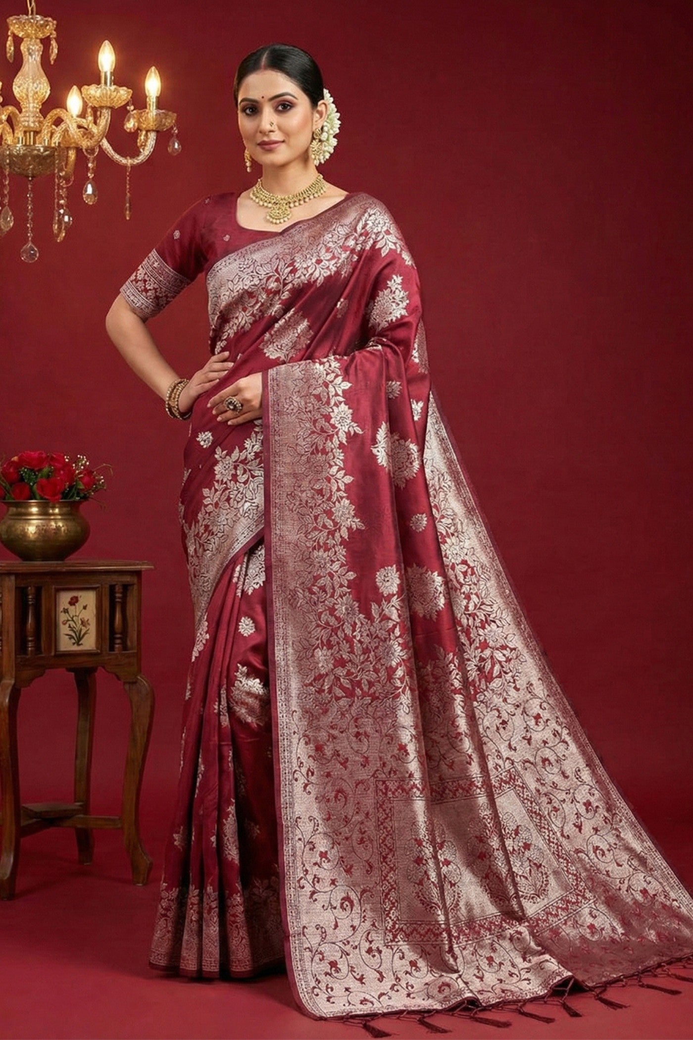 Buy MySilkLove Umber Maroon Woven Banarasi Silk Saree Online