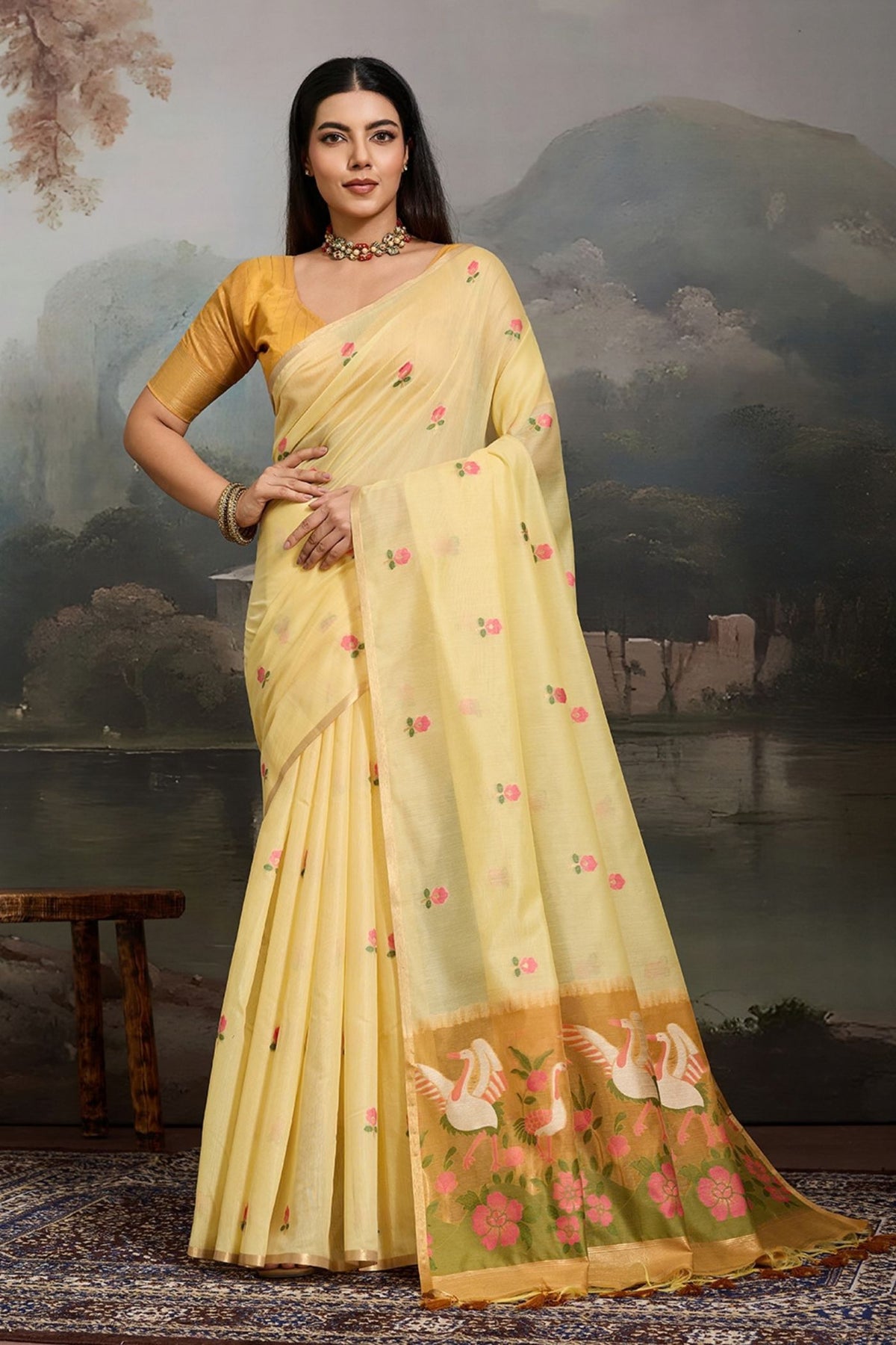 Buy MySilkLove Primrose Yellow Cotton Handloom Swan Saree Online