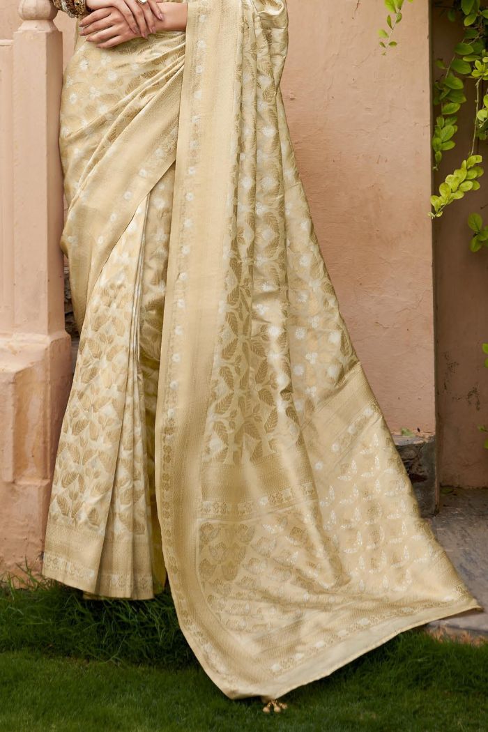 Buy MySilkLove Almond Cream Woven Banarasi Saree Online