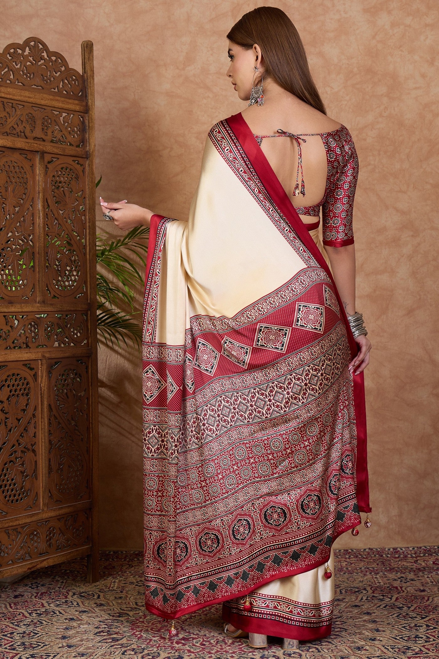 Buy MySilkLove Linen Cream and Red Ajrakh Printed Satin Crepe Silk Saree Online