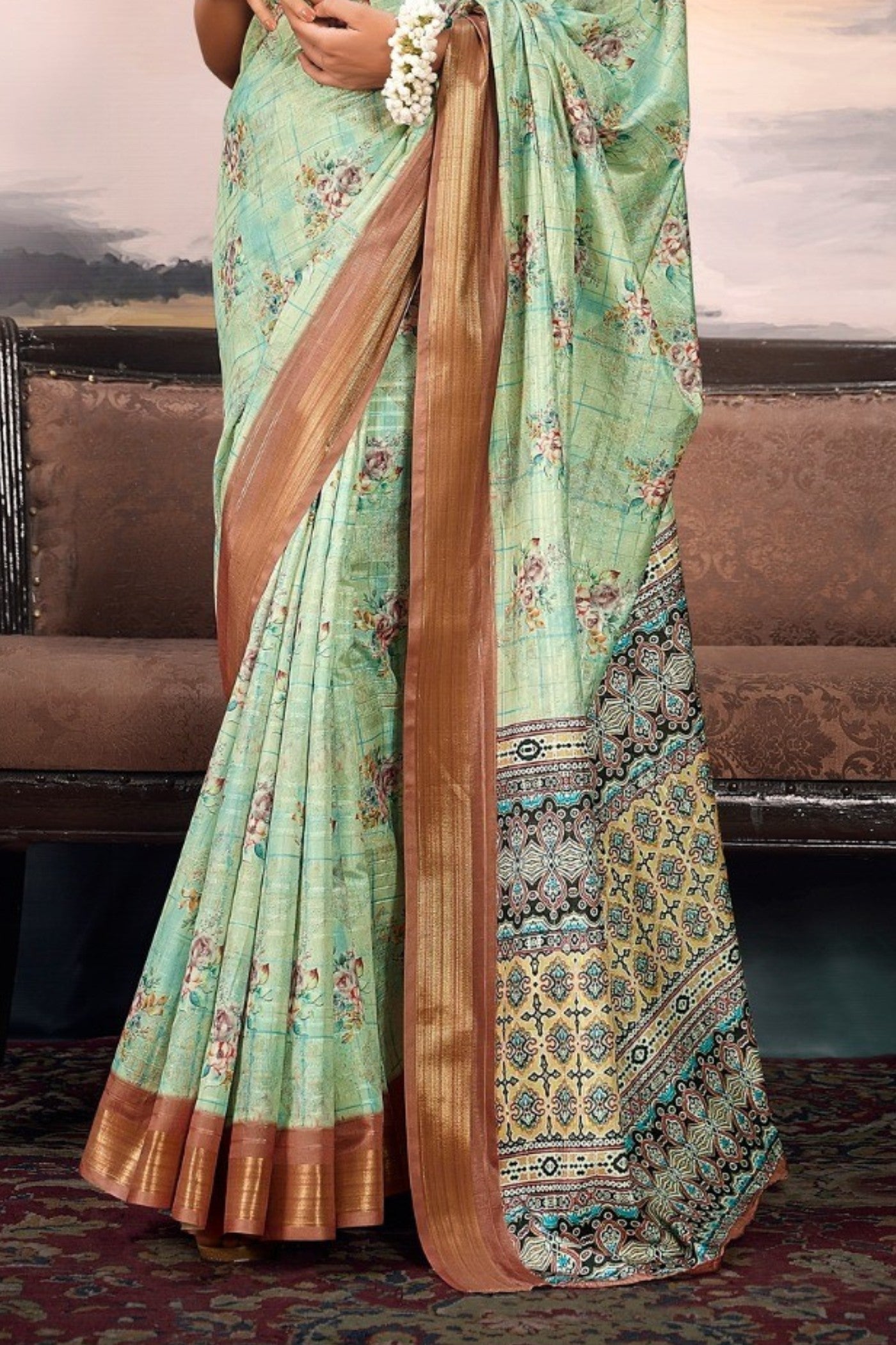 Buy MySilkLove Coriander Green Digital Printed Cotton Saree Online