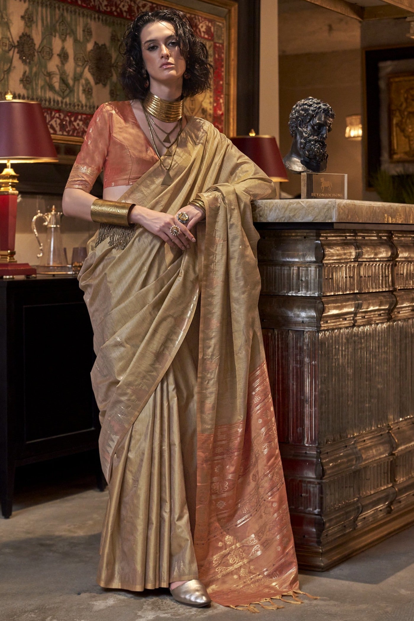 Buy MySilkLove Dusty Brown Woven Linen Saree Online