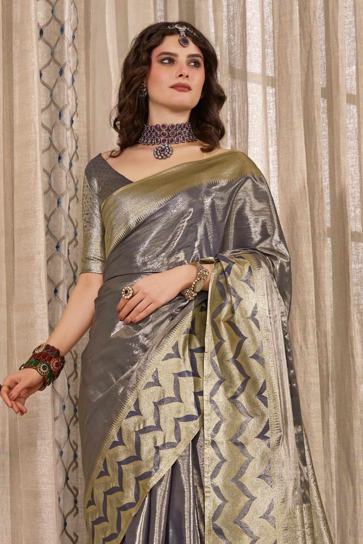 Buy MySilkLove Fleecy Grey Handloom Tissue Saree Online