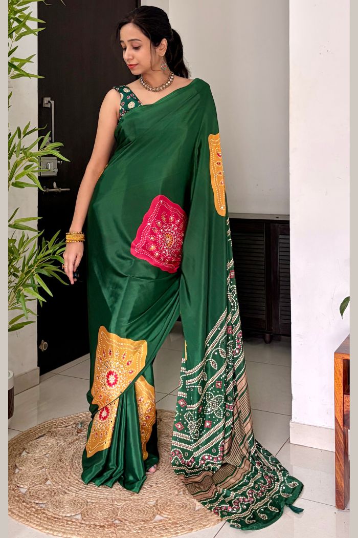 Buy MySilkLove Leaf Green Ajrakh Satin Printed Mirror Work Saree Online
