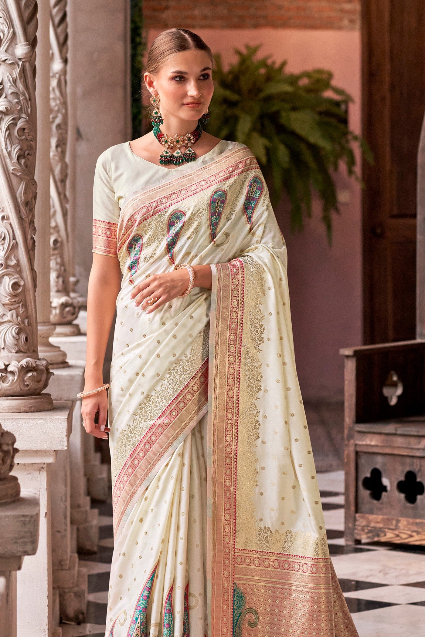 Buy MySilkLove Ice White Banarasi Soft Silk Saree Online