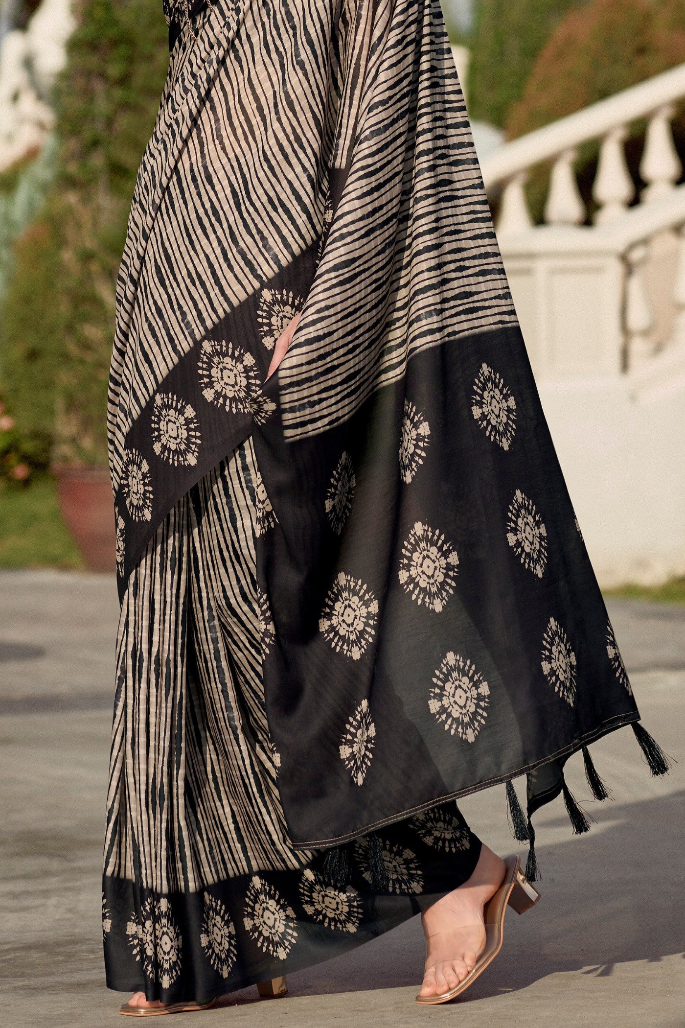 Buy MySilkLove Sandrift Brown and Black Mul Mul Cotton Saree Online