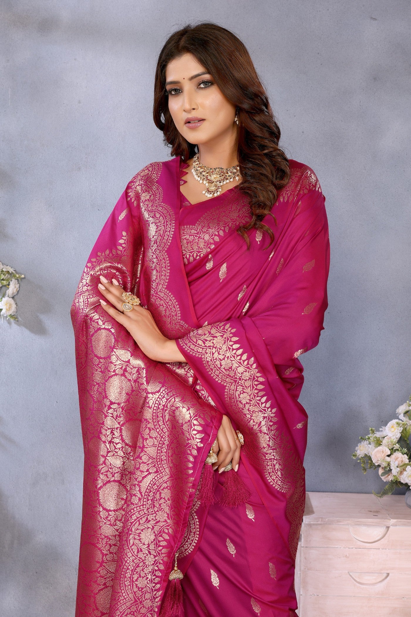 MySilkLove Magenta Pink Woven Banarasi Saree