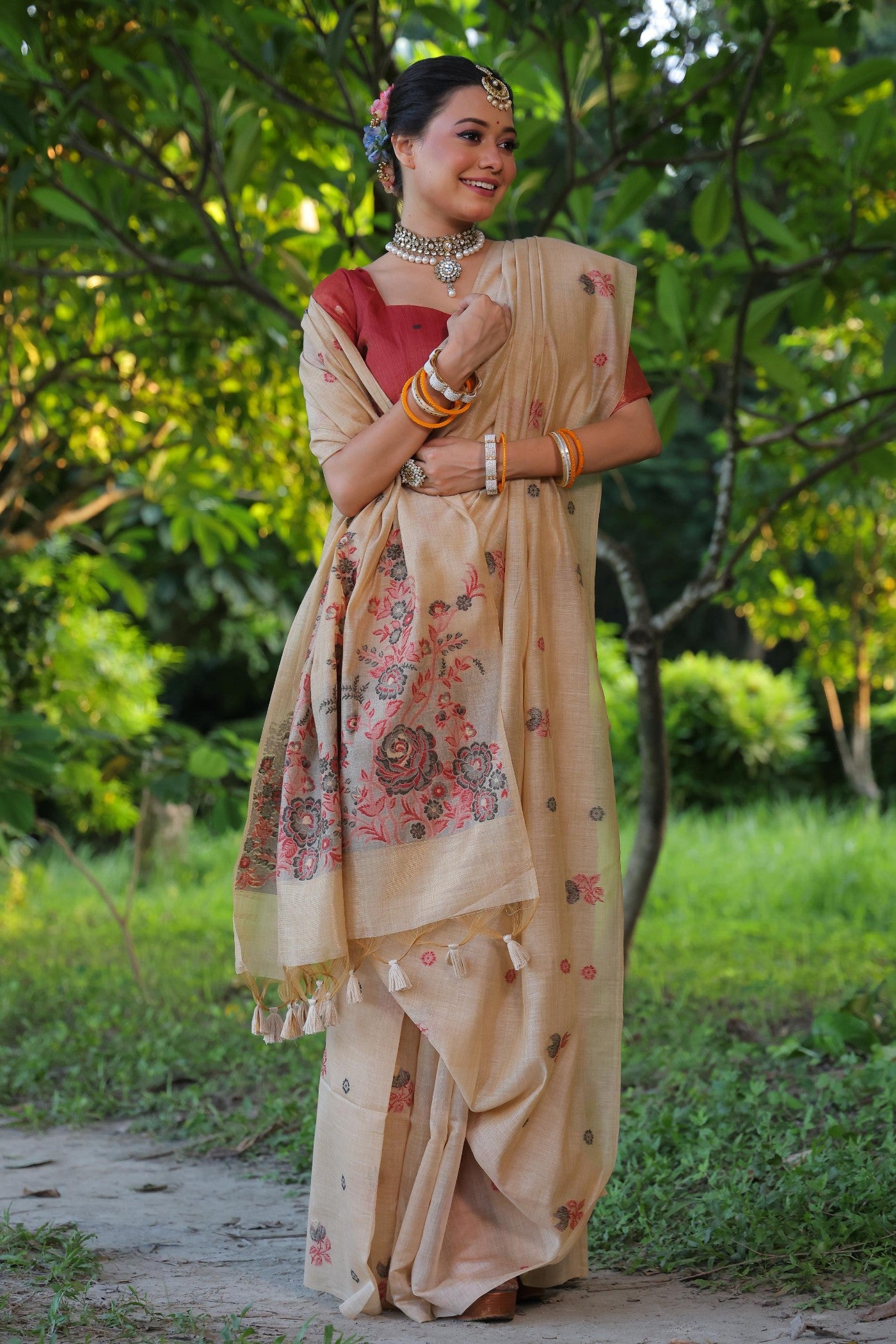 Buy MySilkLove Bronco Cream Muga Cotton Saree Online