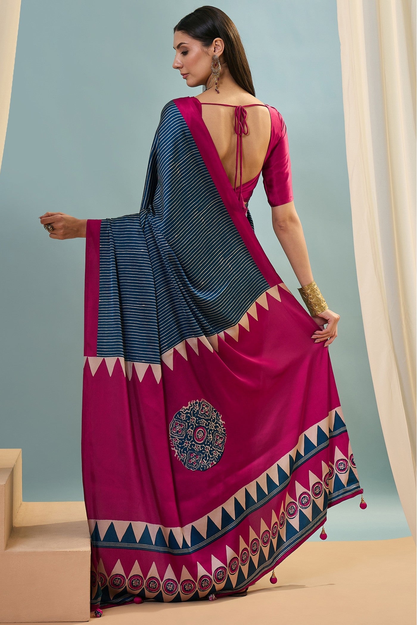 Buy MySilkLove Oxford Blue Ajrakh Printed Satin Crepe Silk Saree Online