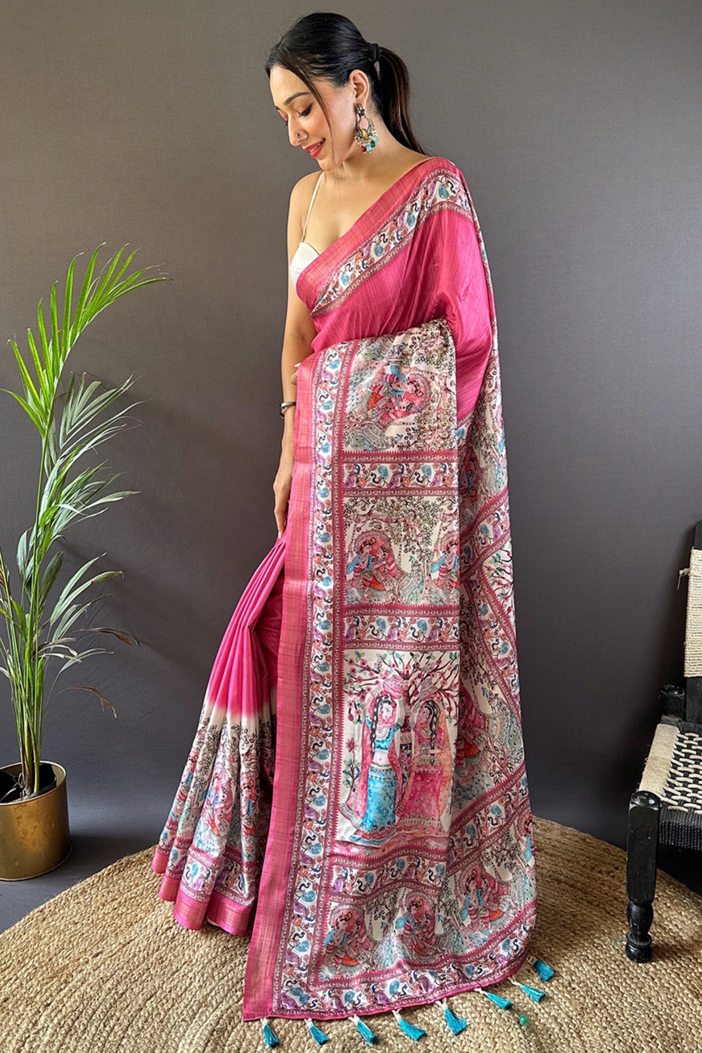 Buy MySilkLove Mystic Pearl Pink Madhubani Printed Tussar Silk Saree Online