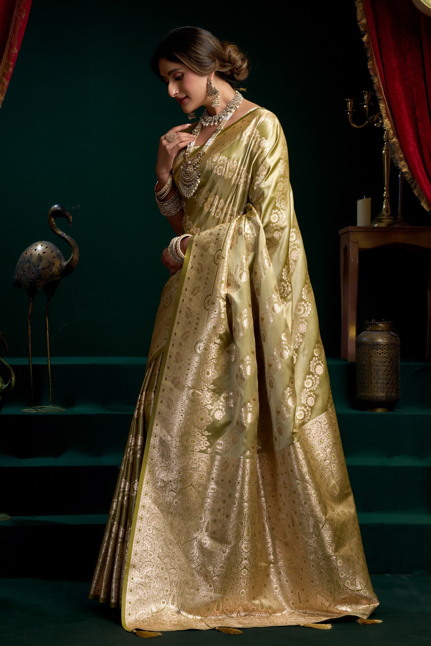 Buy MySilkLove Artichoke Green Banarasi Handloom Satin Soft Silk Saree Online