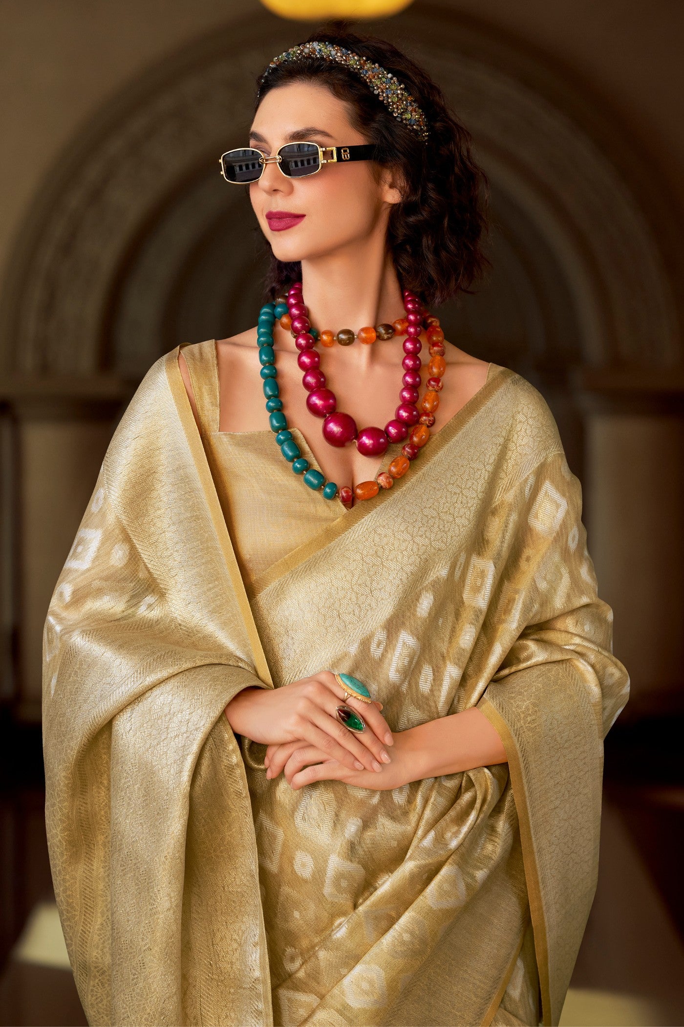 Buy MySilkLove Butter Cream Tissue Silk Saree Online