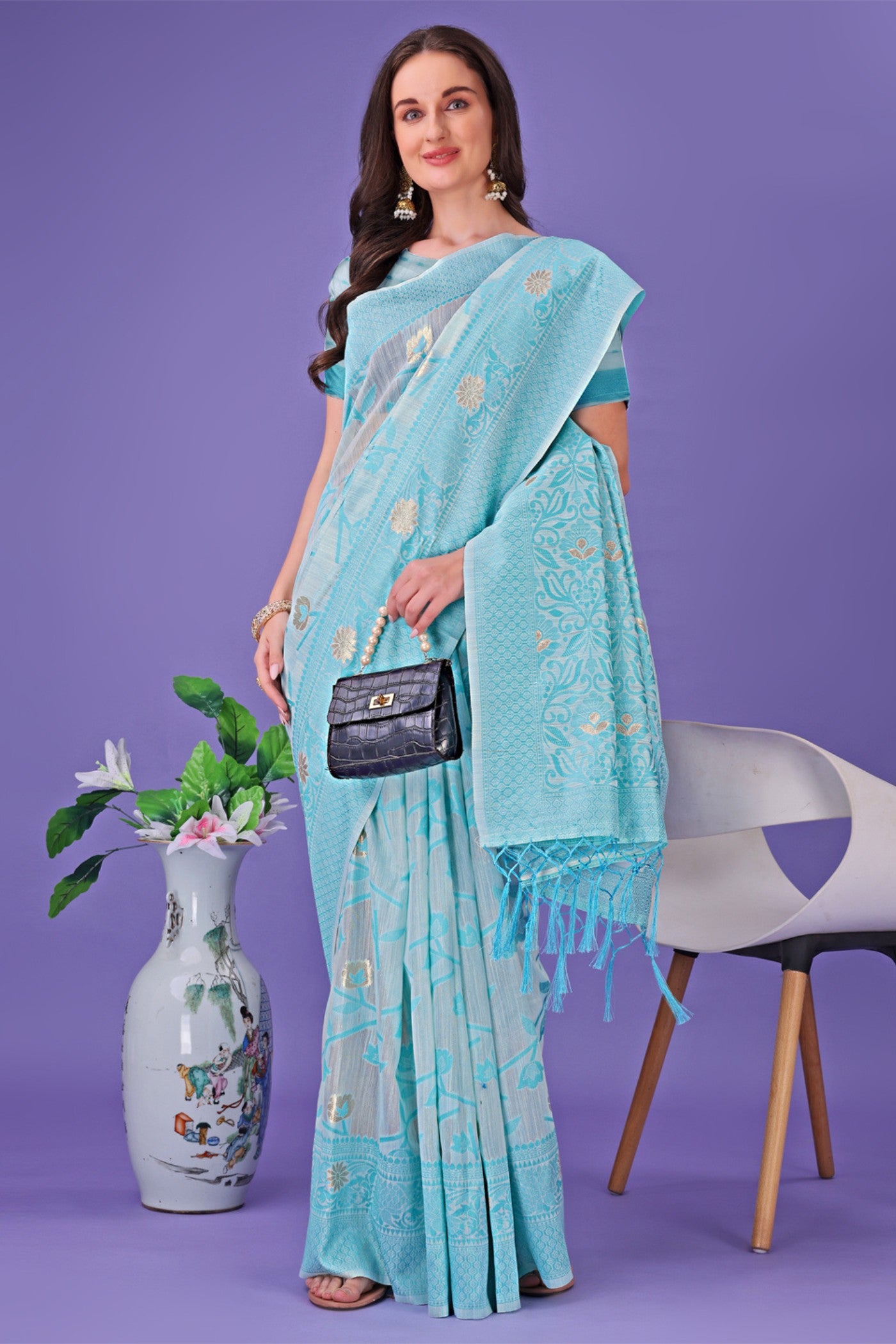 Buy MySilkLove Water Blue Linen Cotton Saree Online