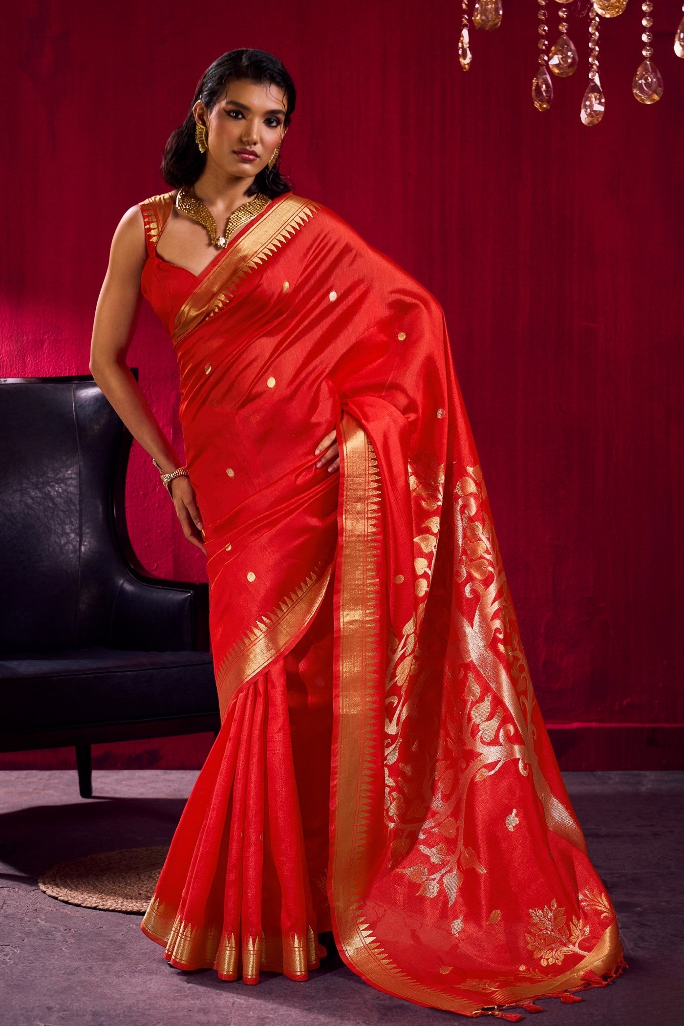 Buy MySilkLove Batorange Red Handloom Satin Linen Silk Saree Online